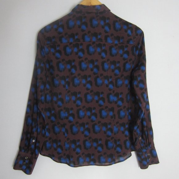 J. Crew Perfect Shirt Womens 10 Blue Brown Animal Print LS Silk Cotton Blouse - Picture 2 of 9